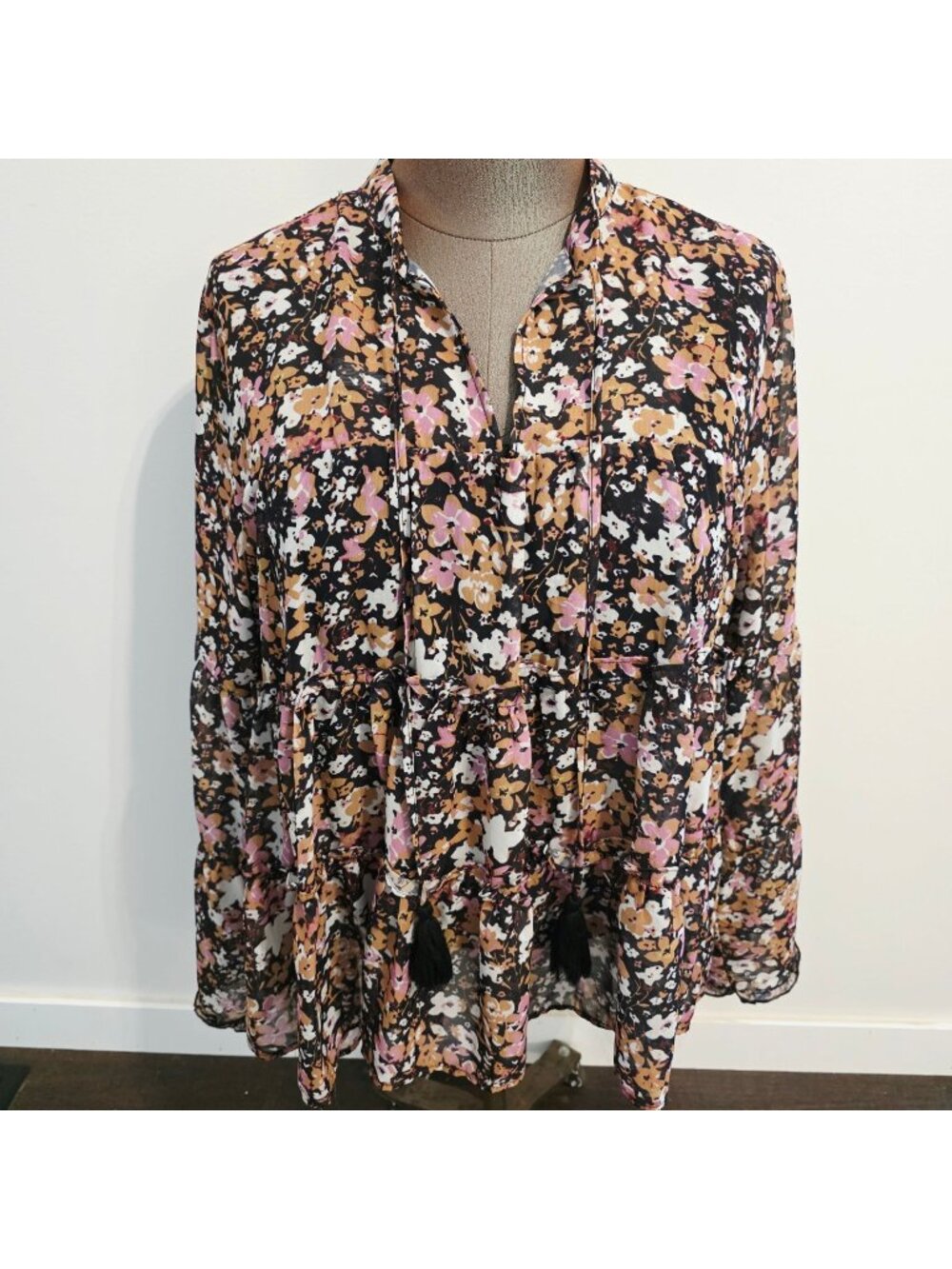 Grace Karma Floral Boho Tunic Top Tassels Sheer Sz XL Earth Tones Cottagecore